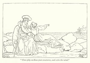 Shakespeares Stormen; Miranda beder sin far om at dæmpe vinden (gravering) af English School