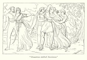 Shakespeares Titus Andronicus; Demetrius, anstiftet af Tamora, myrder Bassianus (gravering) af English School