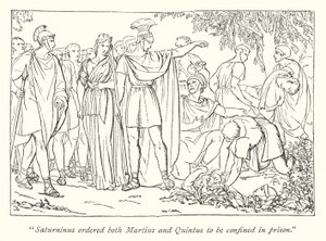 Shakespeares Titus Andronicus; Martius og Quintus arresteret for mordet på Bassianus (gravering) af English School
