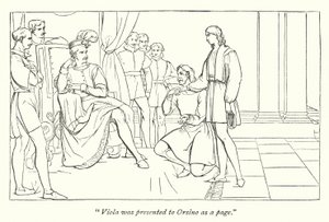 Shakespeares tolvte nat; Billedteksten præsenterer Viola for Orsino af English School
