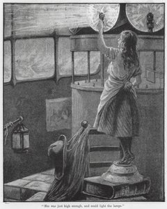 "Sie war gerade hoch genug und konnte die Lampen anzünden" (Gravur) von English School