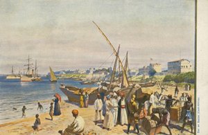 Skib på stranden, Dar es Salaam, Tanzania (farve litho) af English School