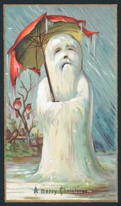 Zitternder Schneemann unter Regenschirm, Weihnachtskarte von English School