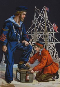 Skopudsningsdreng, der pudser en salors støvler, reklame for Carr