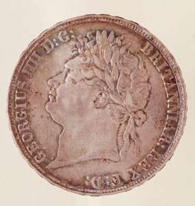 Sølv engelsk krone, regeringstid af kong George IV (1820-1830). Diam. 3,7 cm Napoli, museo archeologico af English School