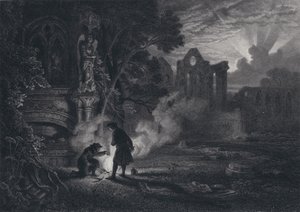 Sir Arthur og Dousterswivel i ruinerne af St Ruth (gravering) af English School