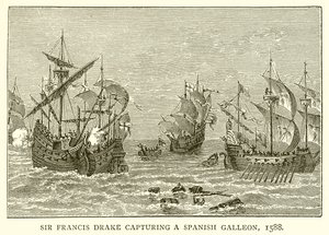 Sir Francis Drake erobert eine spanische Galeone, 1588 von English School