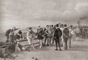 Sir Francis Drake spiller bowls med den spanske armada i sigte ved Plymouth Hoe, England i 1588. af English School