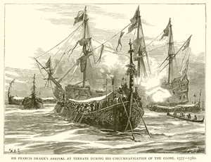 Sir Francis Drakes Ankomst til Ternate under hans Circumnavigation of the Globe, 1577--1580 af English School