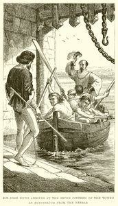 Sir John News ankommer til River Postern of the Tower som ambassadør fra oprørerne af English School