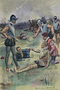 Sir Philip Sidney tilbyder sit vand til en anden såret soldat i slaget ved Zutphen, Holland, 1586 af English School