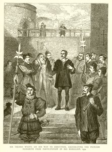 Sir Thomas Wyatt, på vej til henrettelse, frikender prinsesse Elizabeth fra deltagelse i hans oprør, 1554 af English School