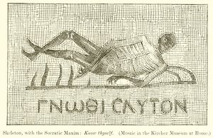 Skelet, med den sokratiske Maxim: Kend dig selv. (Mosaik i Kircher-museet i Rom) af English School