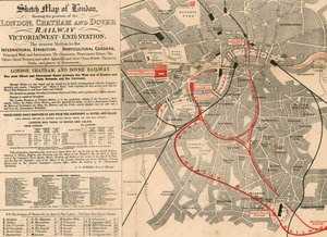 Skitsekort over London, der viser positionen for London, Chatham og Dover Railway