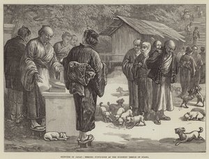Skitser i Japan, fodring af hundehvalpe ved det buddhistiske tempel i Oyama (gravering) af English School