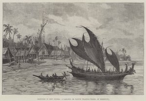 Skitser i New Guinea, et Lakatoi eller indfødt handelsfartøj af Kerepunu (gravering) af English School