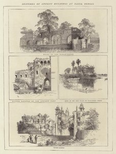 Skitser af gamle bygninger ved Dacca, Bengal (gravering) af English School