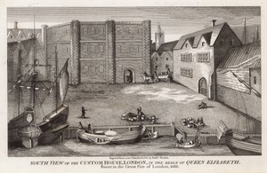 Sydlig udsigt over Custom House, London, under dronning Elizabeths regeringstid af English School