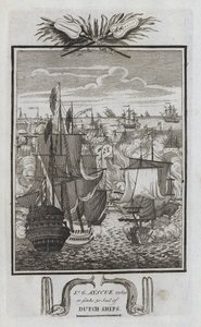 Sr G Ayscue tager eller sænker 30 sejl af hollandske skibe (gravering) af English School