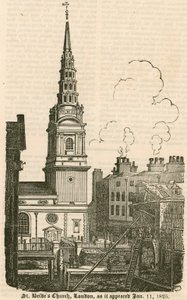 St Brides Church, Fleet Street, London, som den så ud 11. januar 1825 af English School