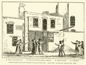 Stald hvor Cato Street Conspirators mødtes, fra Observer, 5. marts 1820 (gravering) af English School