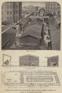 Stalde og butikker for Costermongers, nær Columbia Market, Hackney Road, opført for baronessen Burdett-Coutts (gravering) af English School