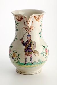 Staffordshire kande dekoreret med figur i Highland-kostume, 1755 (saltglaseret lertøj) af English School