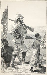 Stanley nærmer sig Tanganyika-søen, illustration fra The Pictorial Edition of the Life and Discoveries of David Livingstone af J. Ewing Richie, pub. af A. Fullarton & Co., 1876 af English School