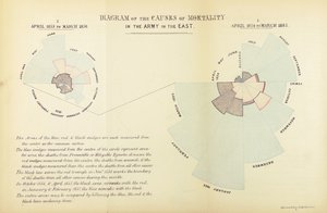 Statistisk diagram opfundet af Florence Nightingale for at vise overvægten af sygdom som en årsag til dødelighed i den britiske hær under Krimkrigen, april 1854 til marts 1855 og april 1855 til Ma af English School