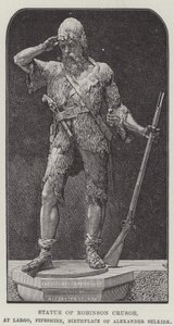 Statue af Robinson Crusoe, ved Largo, Fifeshire, Alexander Selkirks fødested (gravering) af English School