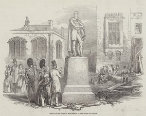 Statue af hertugen af Wellington, ved Tower of London (gravering) af English School