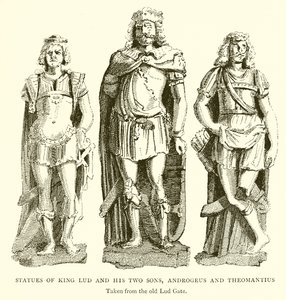 Statuer af kong Lud og hans to sønner, Androgeus og Theomantius af English School