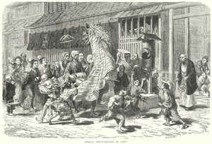 Straßenkünstler in Yedo (Gravur)