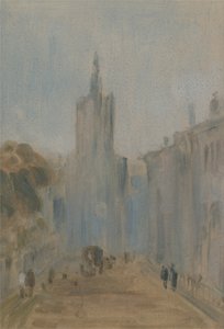 Gade med kirke og figurer, der tidligere var tilskrevet J.M.W. Turner (1775-1851) og også tilskrevet Peter de Wint (1784-1849), 1822-25 (olie på papir) af English School