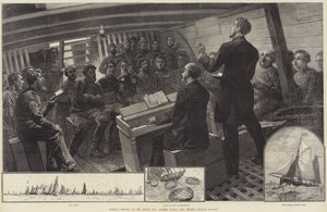 Søndagsgudstjeneste i Nordsøens Fiskerflåde, Themsen Kirkemission (gravering) af English School