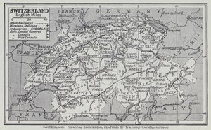 Schweiz, de vigtigste kommercielle træk ved den bjergrige republik (litho) af English School