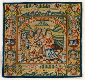 Pudebetræk af gobelin, der forestiller Susannah before Judge (et af et sæt med seks Sheldon-tæpper, bestående af 47,9 til 47,14), lavet i Sheldon, England, hvis det er ægte af English School