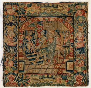 Pudebetræk af gobelin, der forestiller The Elders before Daniel, lavet i Sheldon, England, efter 1600 (uld) af English School