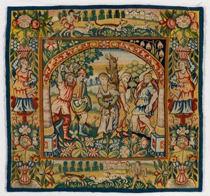 Tapestry tyynynpäällinen, joka kuvaa vanhinten kivitystä (yksi kuudesta Sheldon Tapestries -sarjasta, 47,9-47,14), valmistettu Sheldonissa Englannissa, jos se on aito af English School