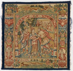 Tapestrypanel, der forestiller Dronningen af Saba, der møder Salomon, lavet i Sheldon, England af English School