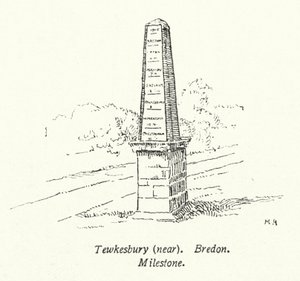 Tewkesbury, nær Bredon, Milestone (litografi) af English School