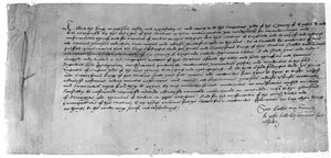 The Act of Supremacy, der anerkender Henry VIII som leder af Church of England, 1534 (blæk på papir) af English School