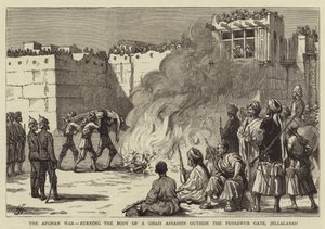 Den afghanske krig, afbrænding af liget af en Ghazi snigmorder uden for Peshawur-porten, Jellalabad (gravering) af English School
