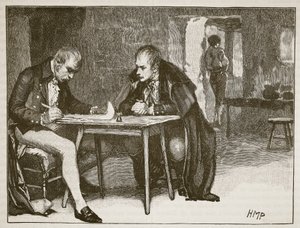 Agenterne fra Storbritannien og Sverige underskriver traktaten mod Napoleon, illustration fra Cassells Illustrated History of England (sepiafoto) af English School