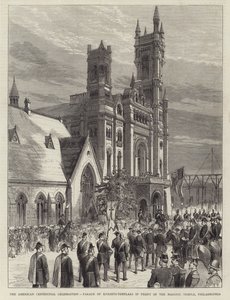 The American Centennial Celebration, Parade of Knights-Templars foran Frimurertemplet, Philadelphia (gravering) af English School