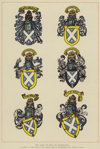 The Arms of Haig of Bemersyde, som båret af lederen af det hus, og som forskellig for forskellige kadetter (farve litho) af English School