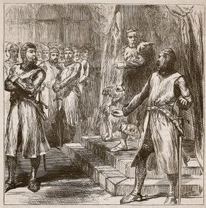Baronerne gør oprør mod kongen, illustration fra Cassells Illustrated History of England (sepia foto) af English School