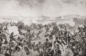 Slaget ved Ulundi i 1879, der viser det sidste sus fra zuluerne og den britiske plads i det fjerne, fra 