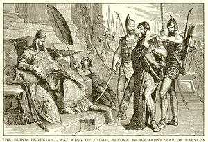 Den blinde Zedekias, Judas sidste konge, foran Nebukadnezar af Babylon af English School