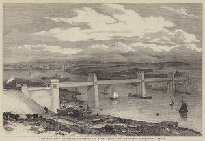 Britannia Tubular Bridge over Menai-strædet (gravering) af English School